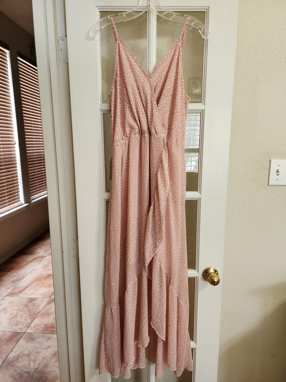 KIRUNDO L Blush Leopard Ruffle Maxi Dress Adjustable Straps 7106